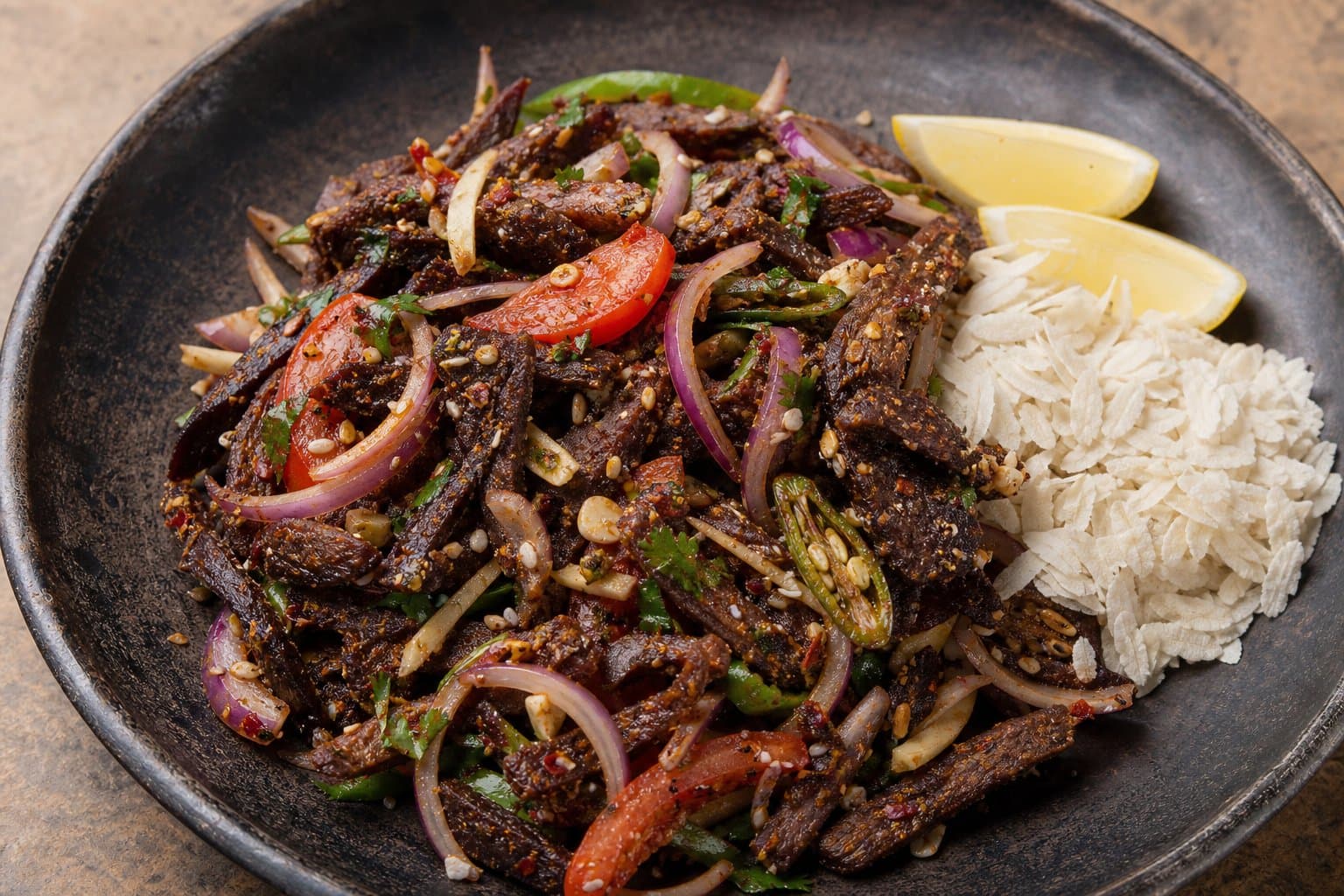 Buff sukuti sandheko with onion, chilli, and chiura