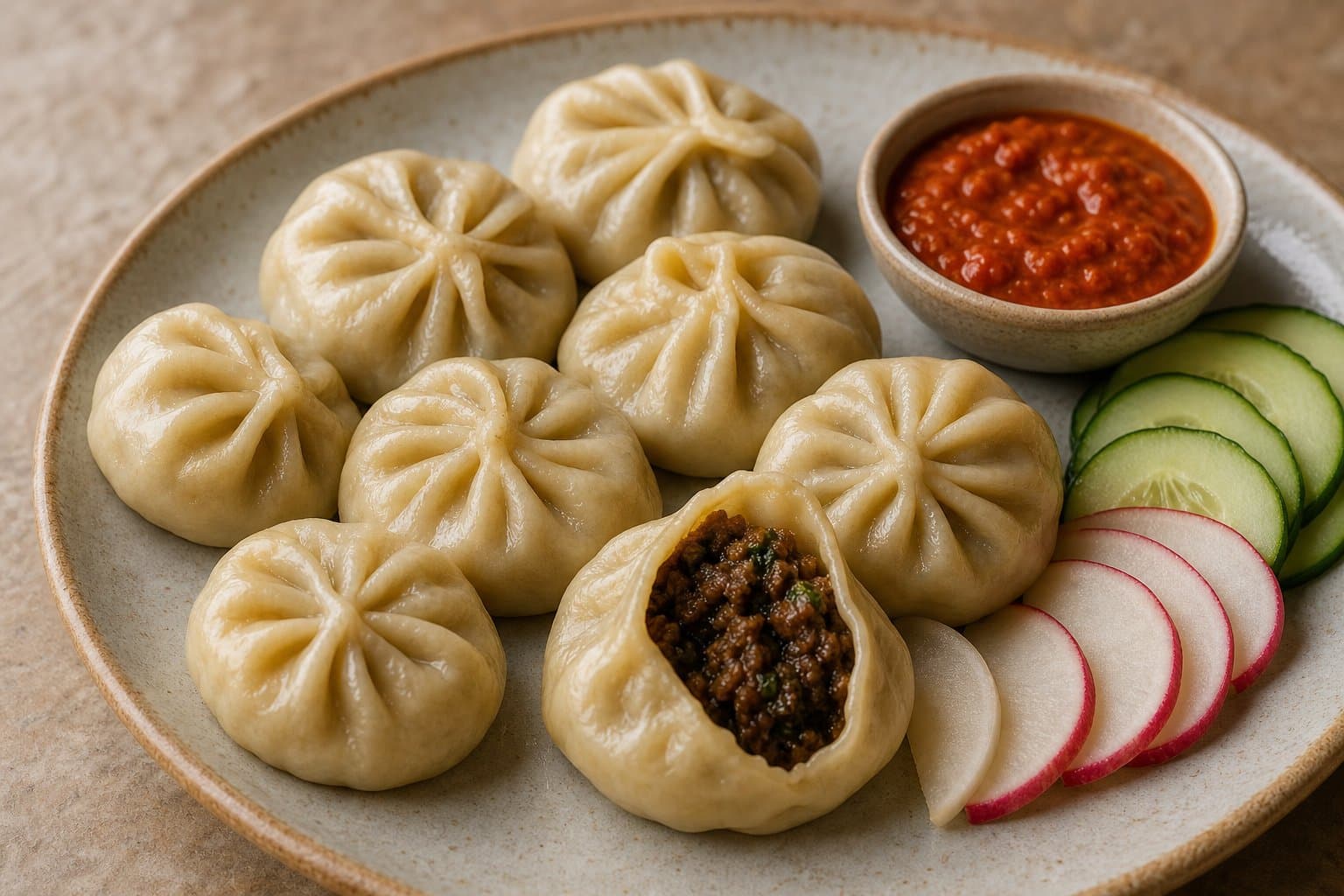 Steamed buffalo momos with achar and sliced radish