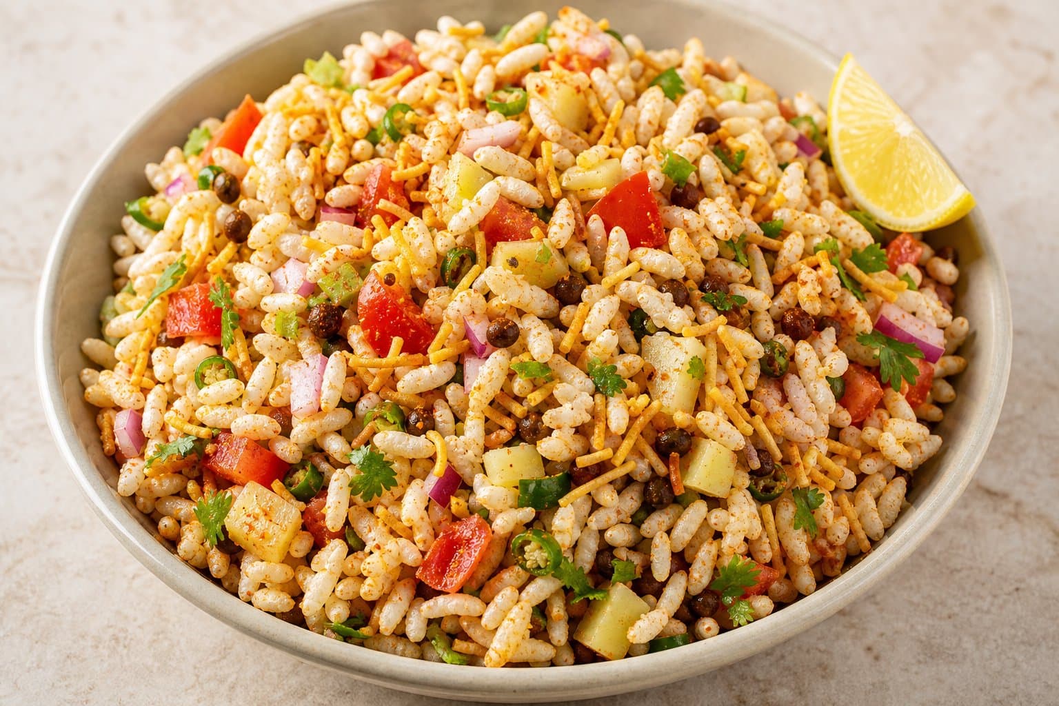 Nepali chatpate with puffed rice, potato, and lemon