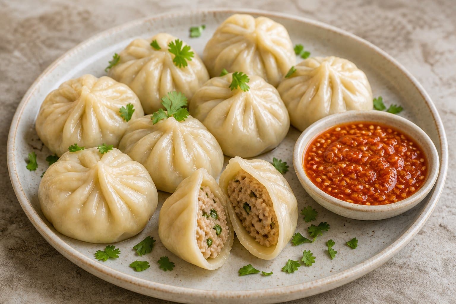 Steamed chicken momos with tomato achar