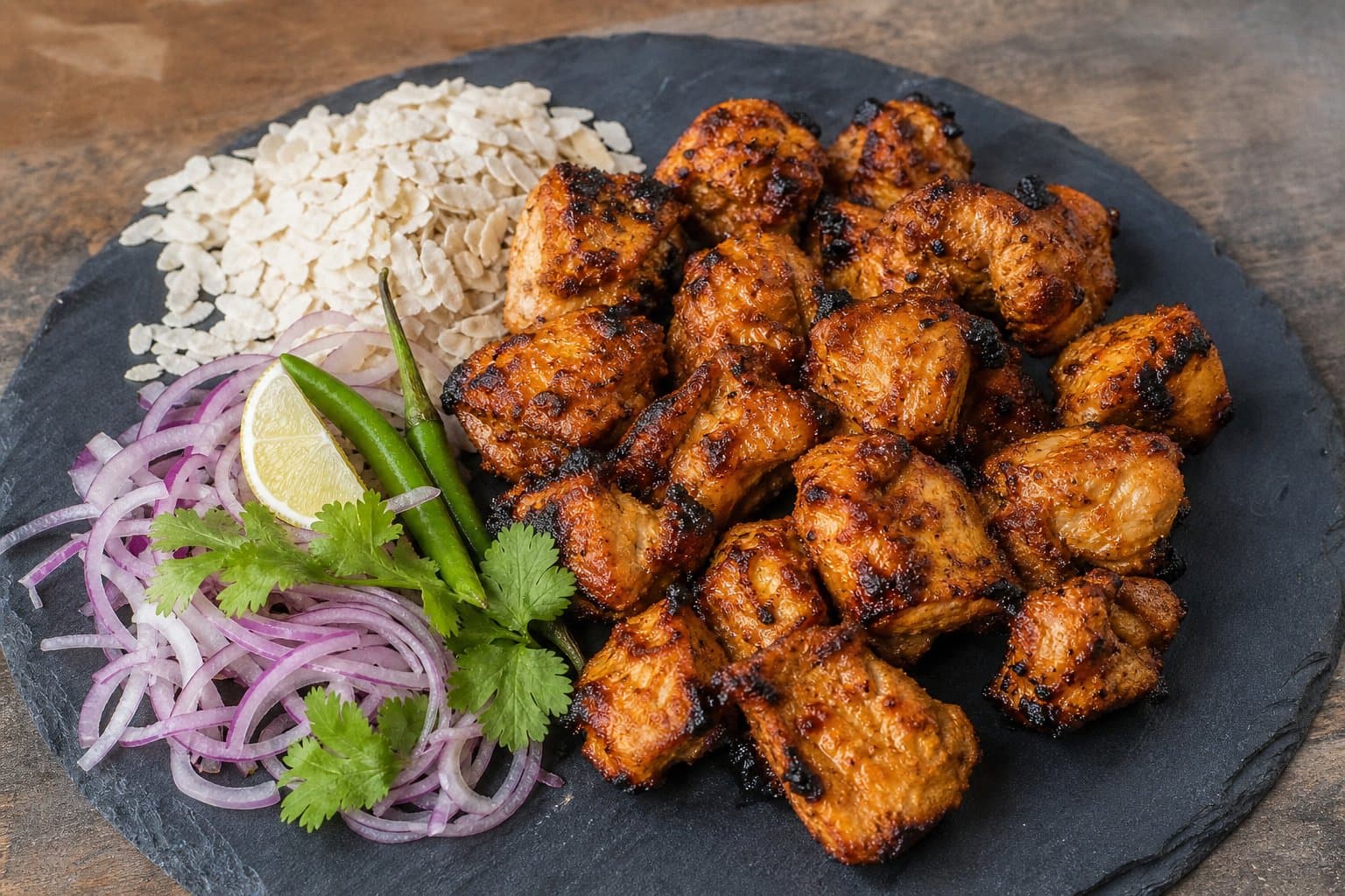 Nepali chicken sekuwa with chiura and onion