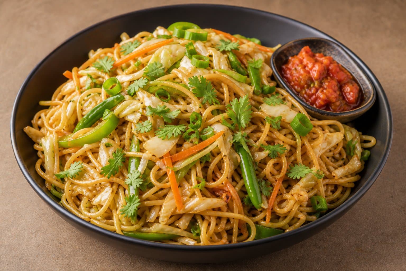Nepali-style chow mein with vegetables and achar