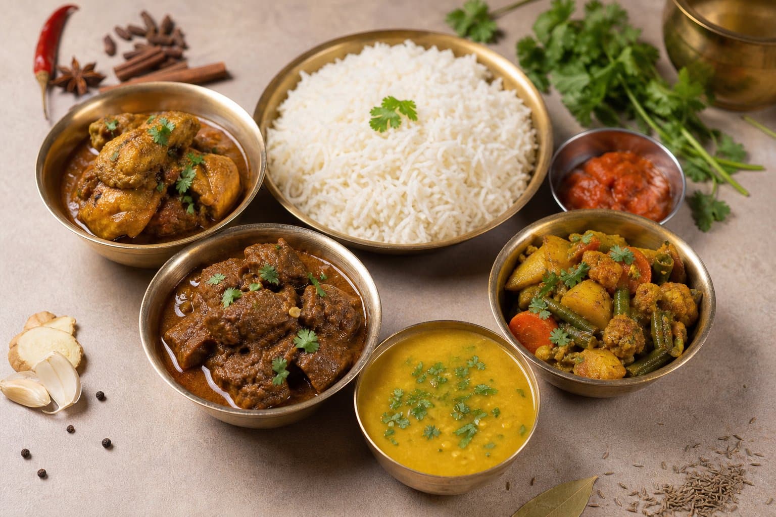 Nepali curry selection with rice, dal, and achar