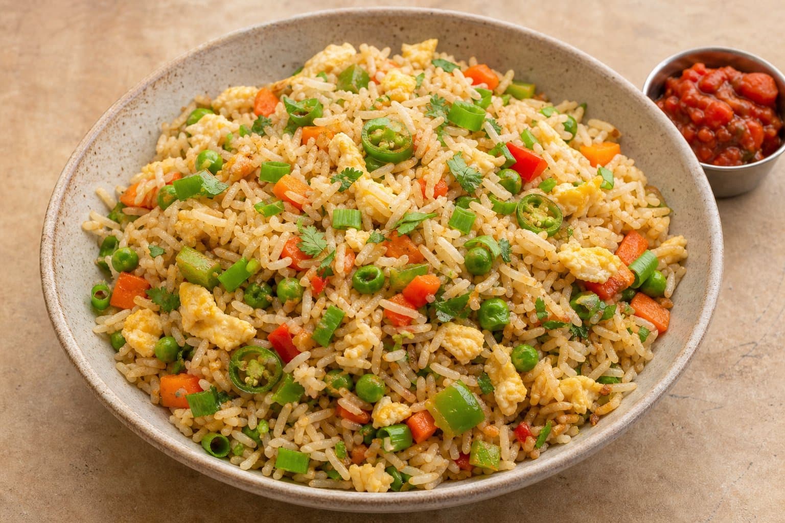Nepali-style fried rice with vegetables and tomato achar