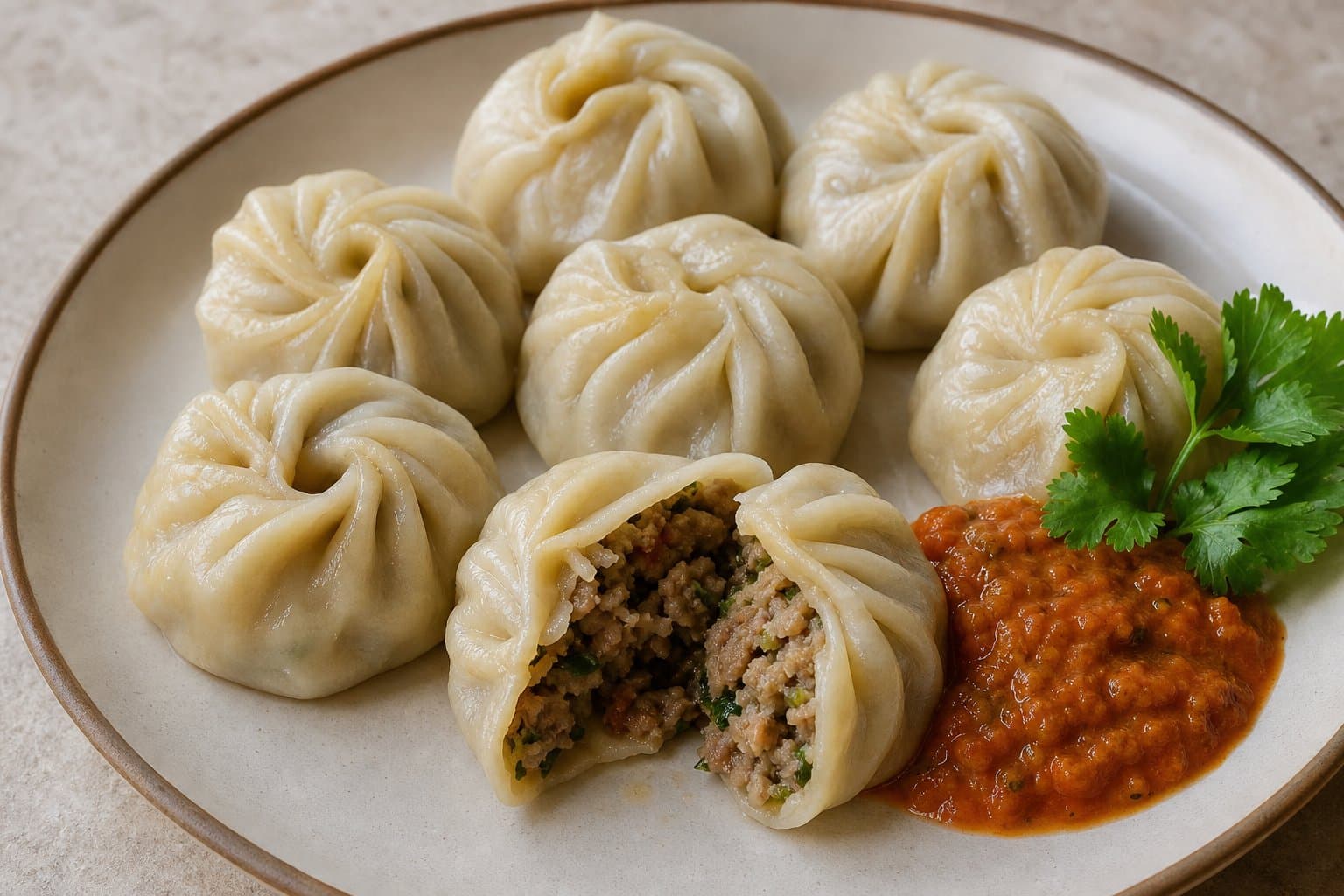 Steamed goat momos with spiced tomato achar