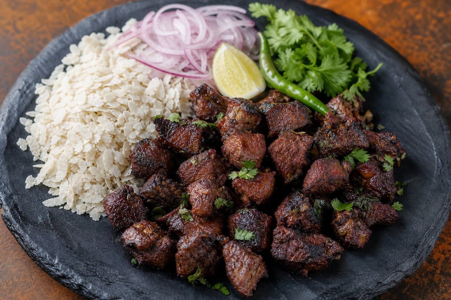 Nepali goat sekuwa with chiura and green chilli