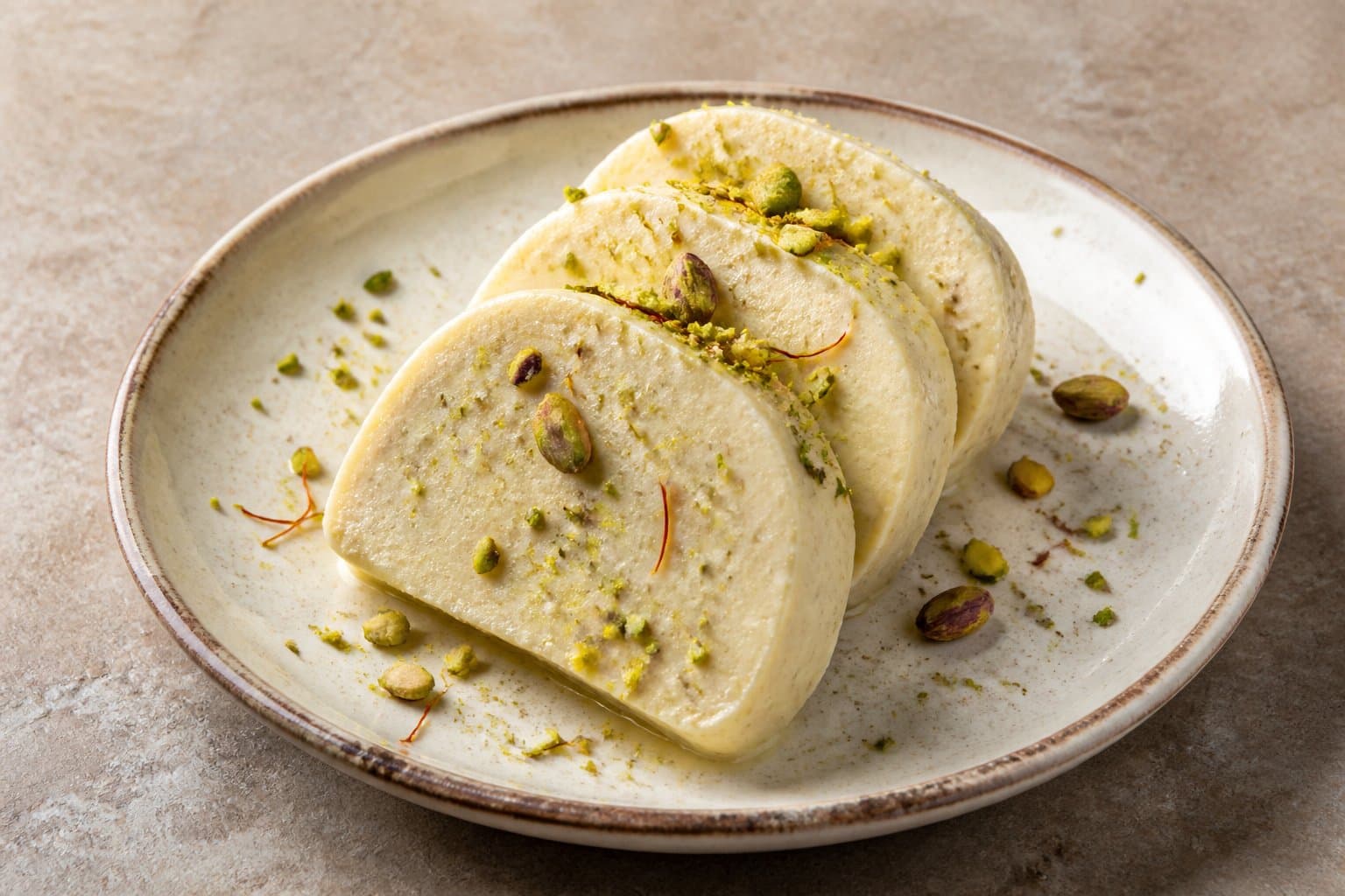 Sliced kulfi with pistachio and saffron