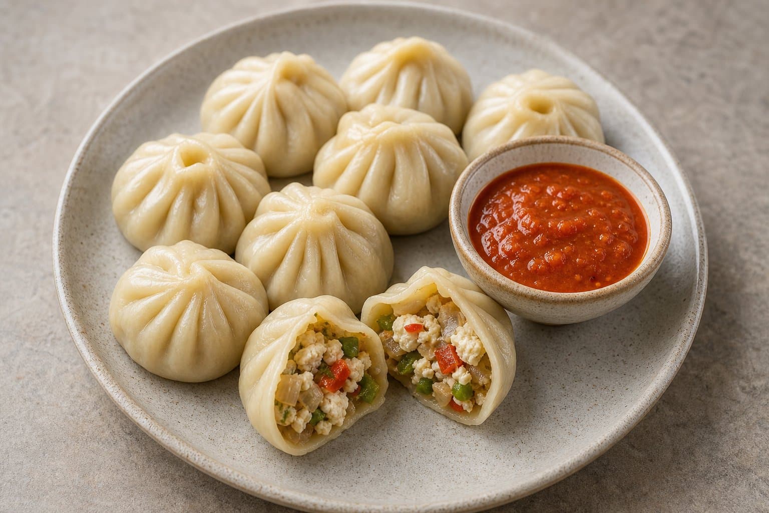 Paneer momos with red momo achar