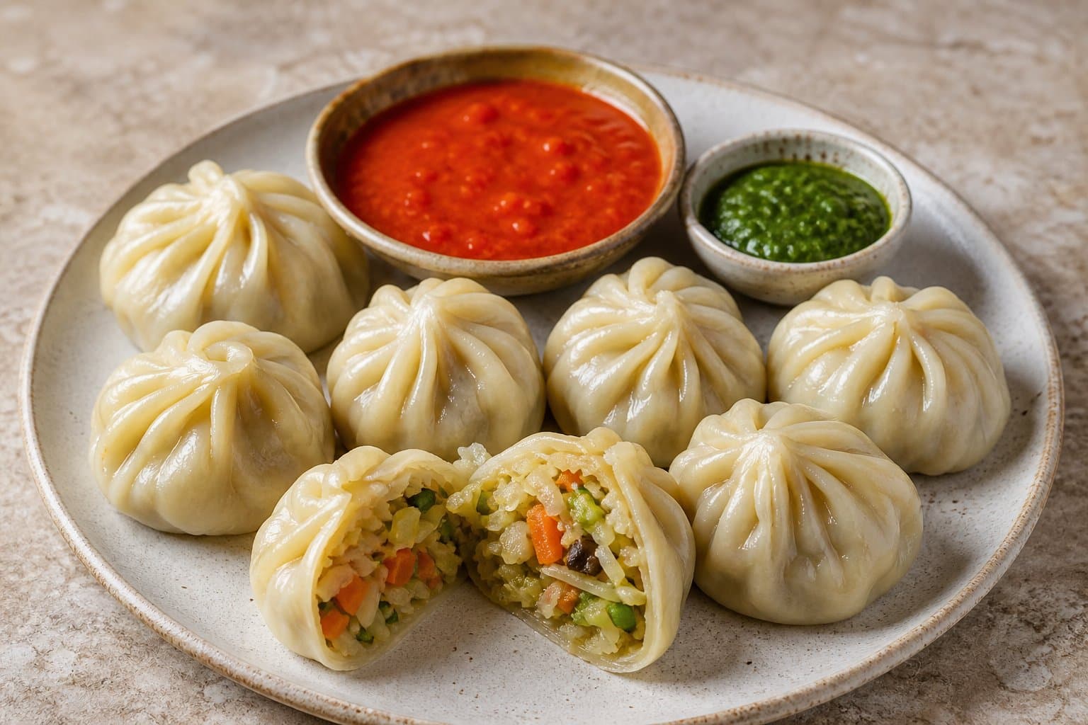 Steamed vegetable momos with red and green chutney